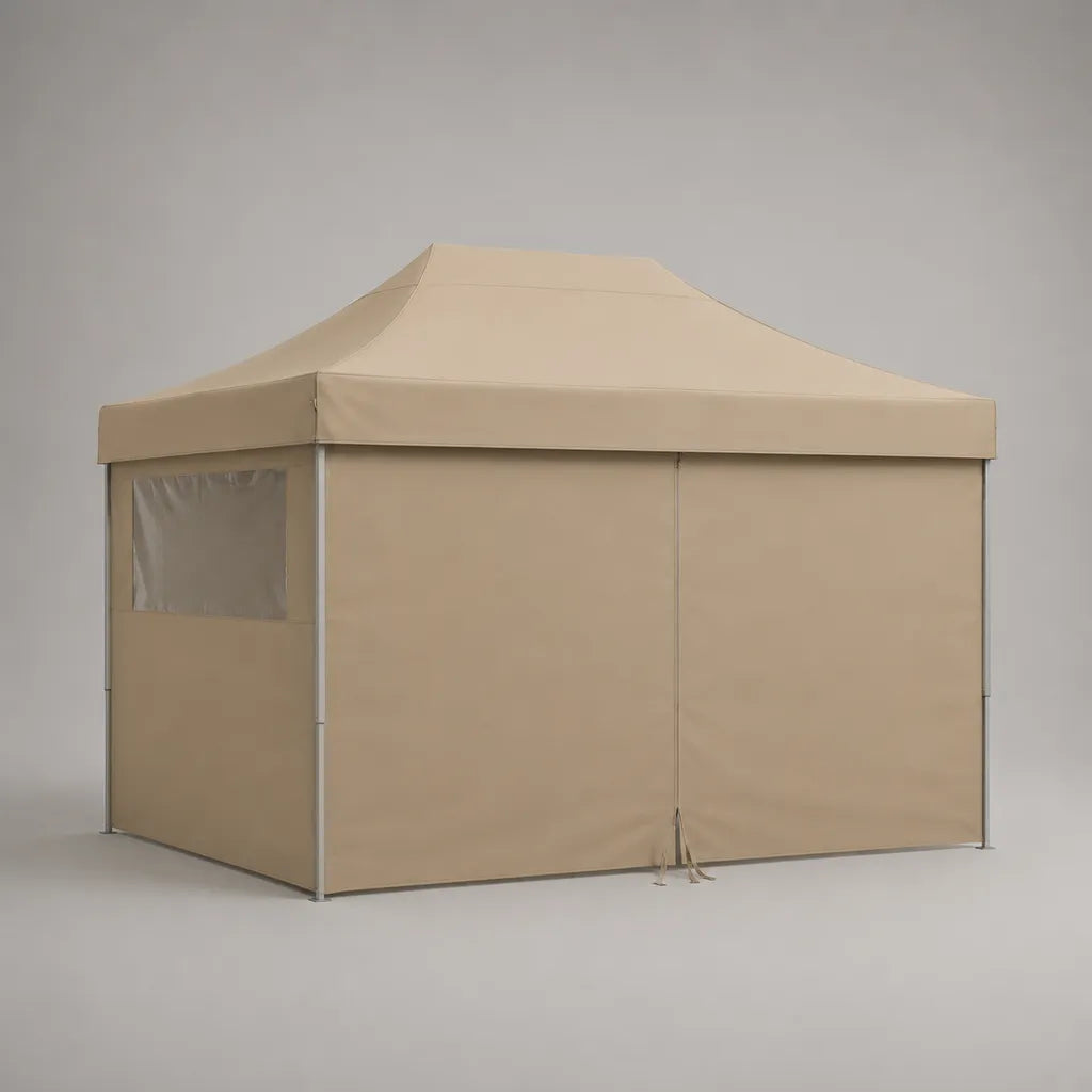 Quadratischer Faltpavillon mit 4 Seitenwänden und Stahlgestell, Beige/Silberfarben, 300 × 300 × 255 cm