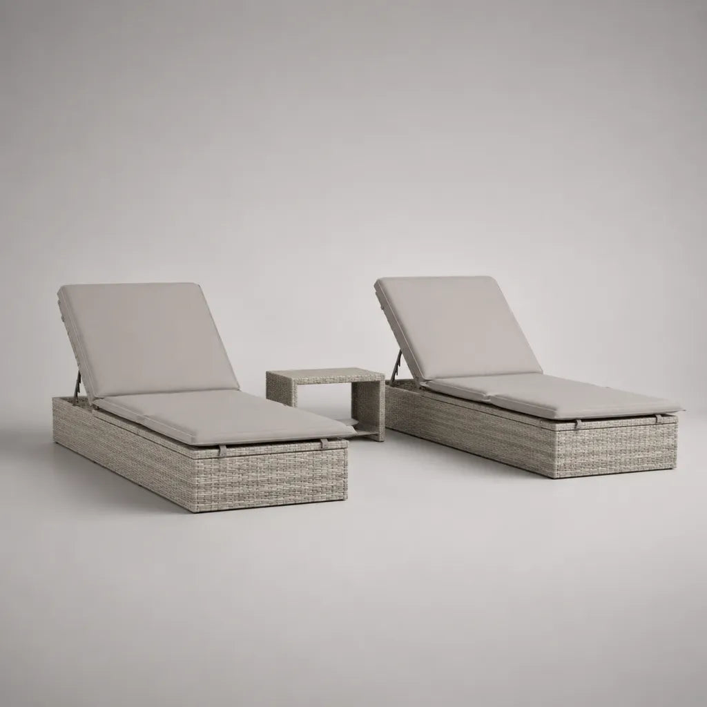 3-teiliges Gartenliegen-Set aus PE-Rattan mit 2 Auflagen und Beistelltisch, Hellgrau/Grau, Liegen 197 × 60 × 35 cm, Tisch 40 × 40 × 40 cm