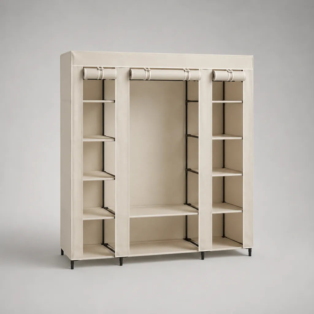 Faltkleiderschrank aus Polypropylen-Vlies mit Stahlrohrrahmen, Kleiderstange und 12 Ablageflächen, Beige und Schwarz, 150 × 45 × 175 cm