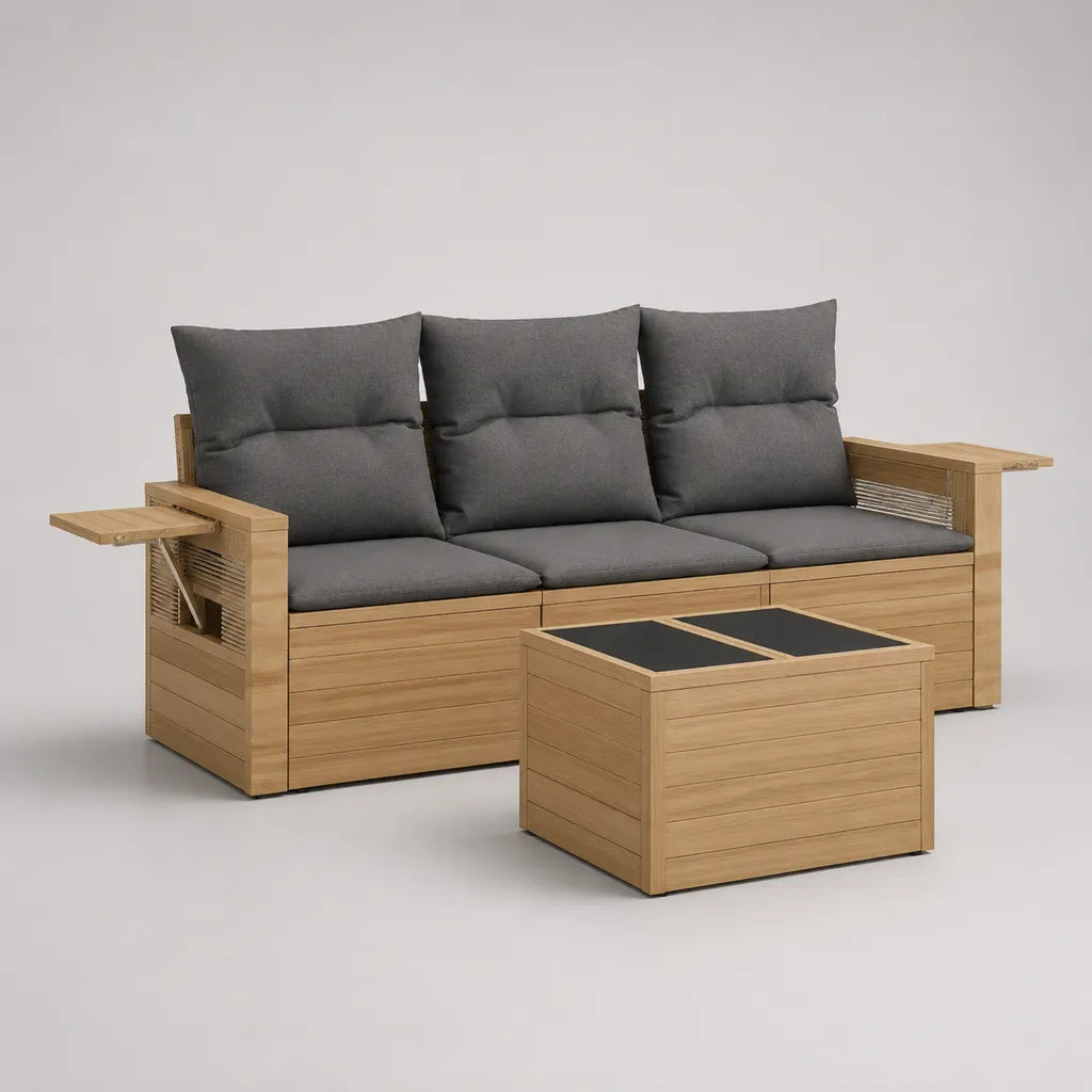 2-teiliges Gartenmöbel-Set für den Außenbereich, 3-Sitzer-Sofa aus Holz mit grauen Stoffauflagen und Stauraumtisch, Naturfarben/Grau/Schwarz, Sofa 206 × 75 × 84 cm, Tisch 90 × 60 × 45 cm