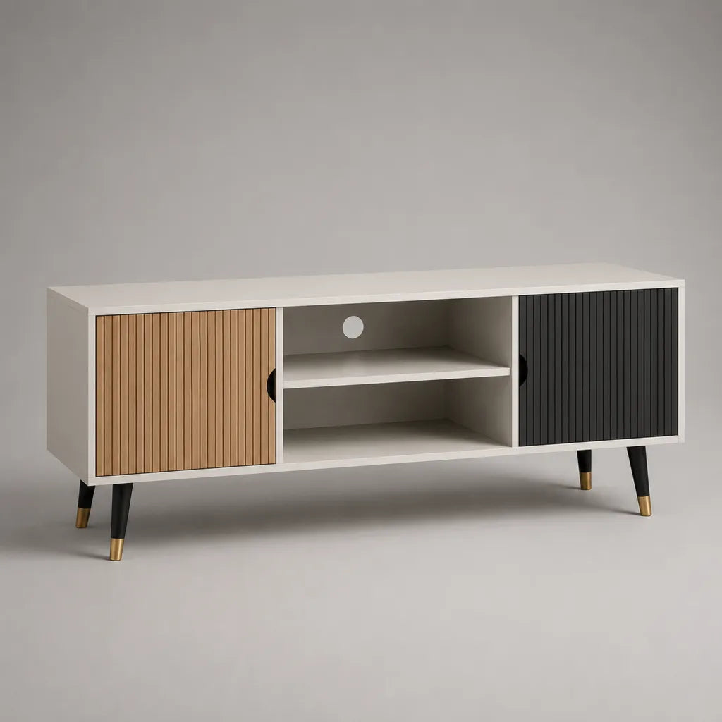 TV-Lowboard aus MDF mit 2 Türen und Kabeldurchlass, Weiß/Eichefarben/Schwarz, 140 × 40 × 60 cm