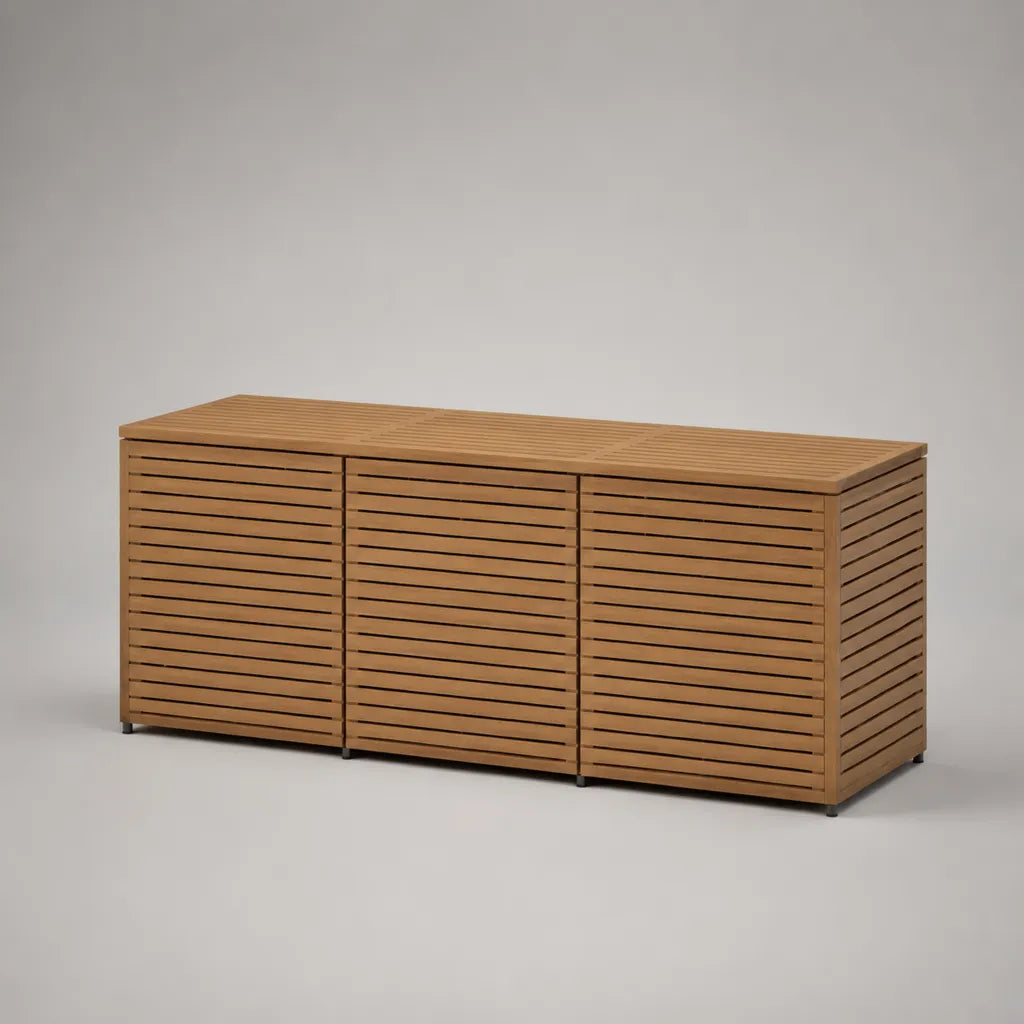 Mülltonnenbox für 3 Mülltonnen aus massivem Akazienholz, Naturbraun/Schwarz, 207 × 80 × 117 cm
