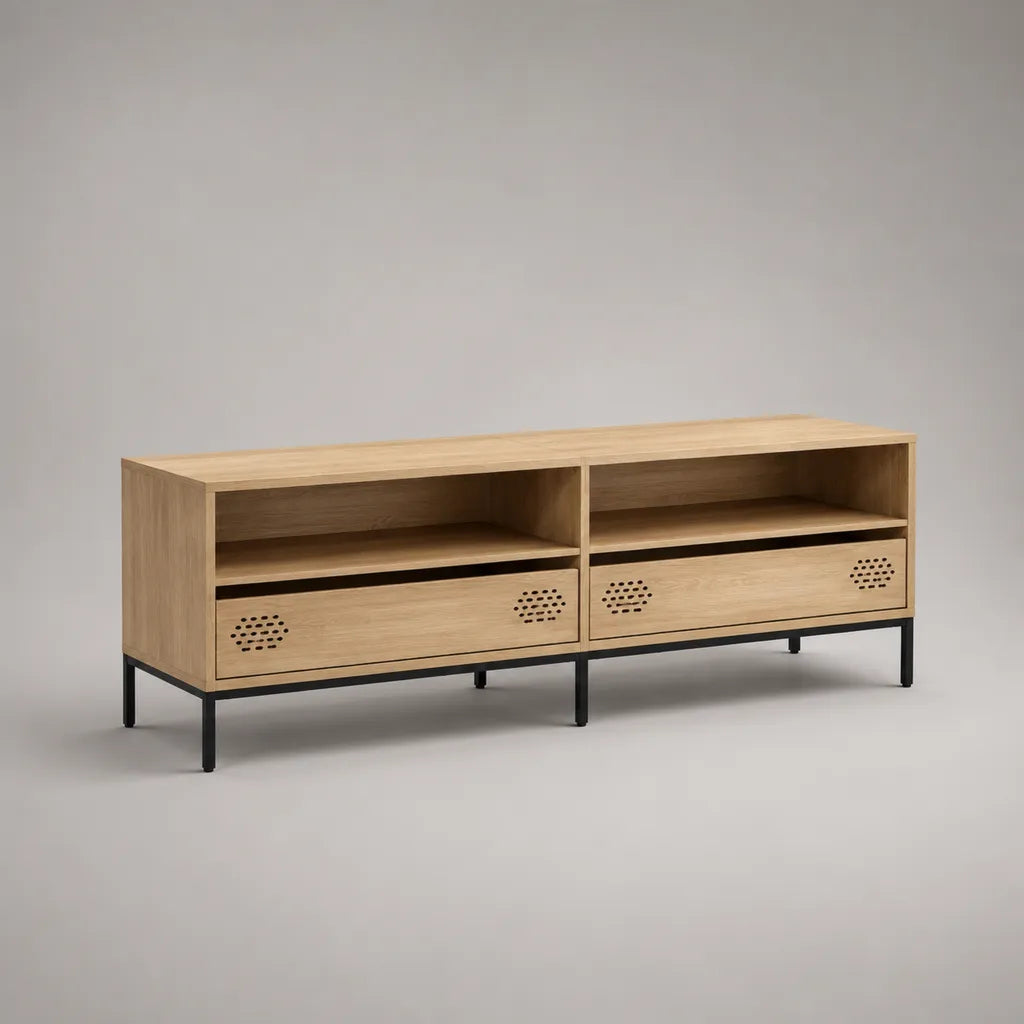 TV-Lowboard aus melaminharzbeschichteter Spanplatte und pulverbeschichtetem Stahl, Eichefarben und Schwarz, 150 × 40 × 60 cm
