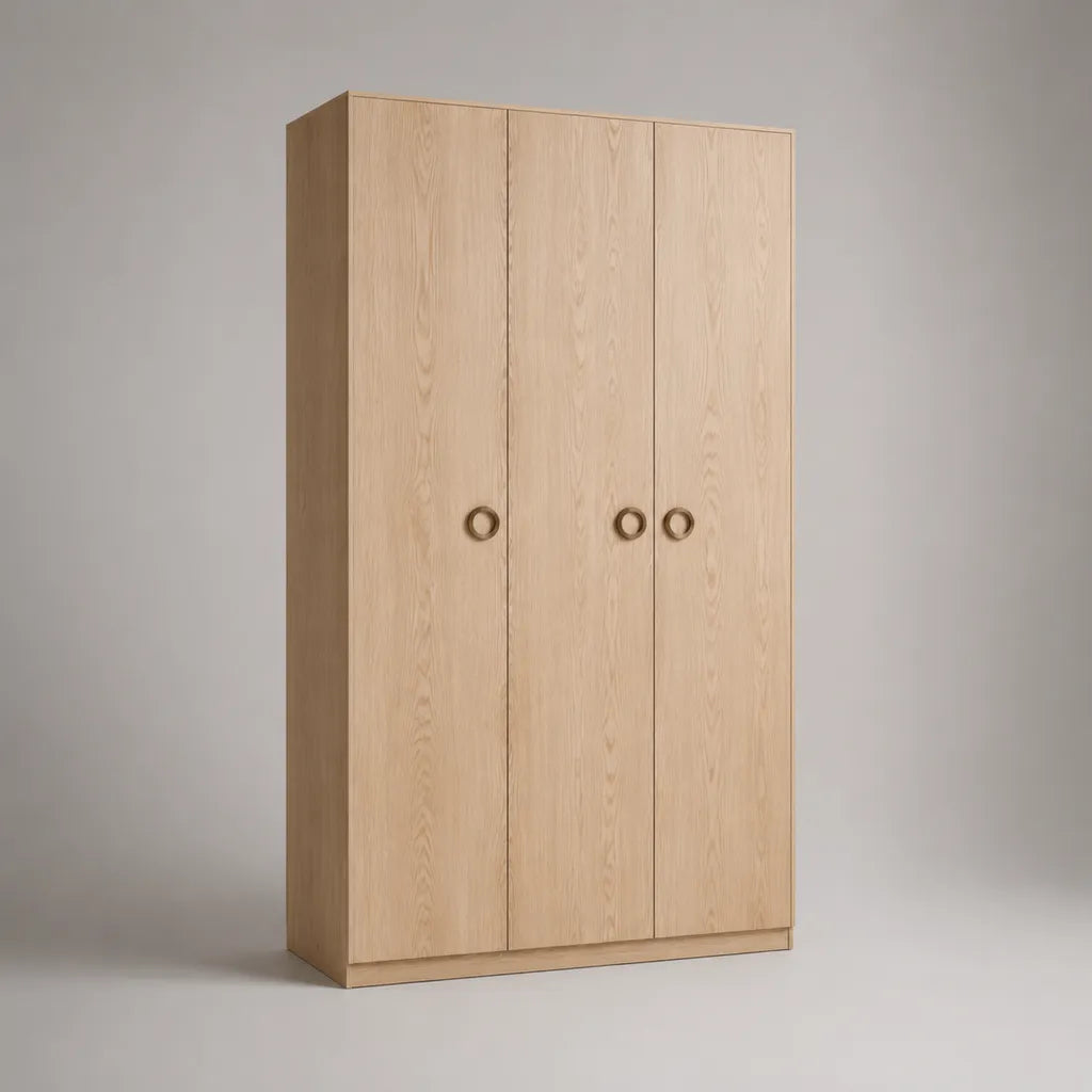 Kleiderschrank, 3-türiger Drehtürenschrank aus melaminharzbeschichteter Spanplatte, Eiche Natur/Braun, 120 × 55 × 200 cm