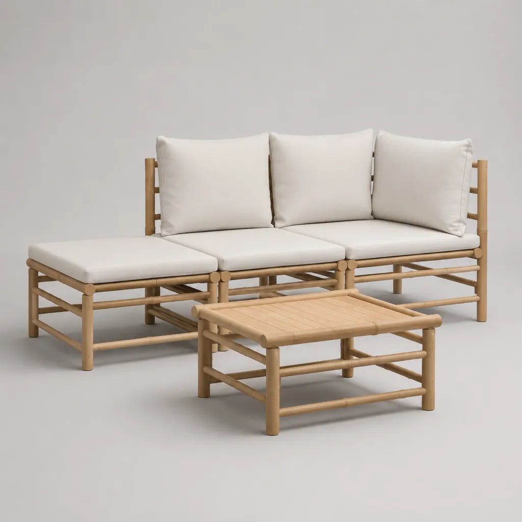 Gartenlounge-Set 2-teilig aus Bambus und Polyester, Natur/Cremeweiß, L-Sofa 220 × 145 × 78 cm, Couchtisch 90 × 60 × 42 cm