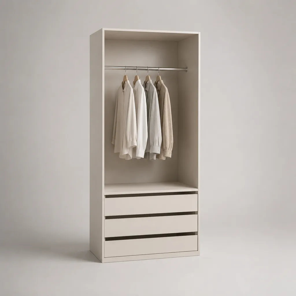Offener Kleiderschrank aus Spanplatte mit Kleiderstange und 3 Schubladen, Weiß/Chrom, 80 × 50 × 180 cm