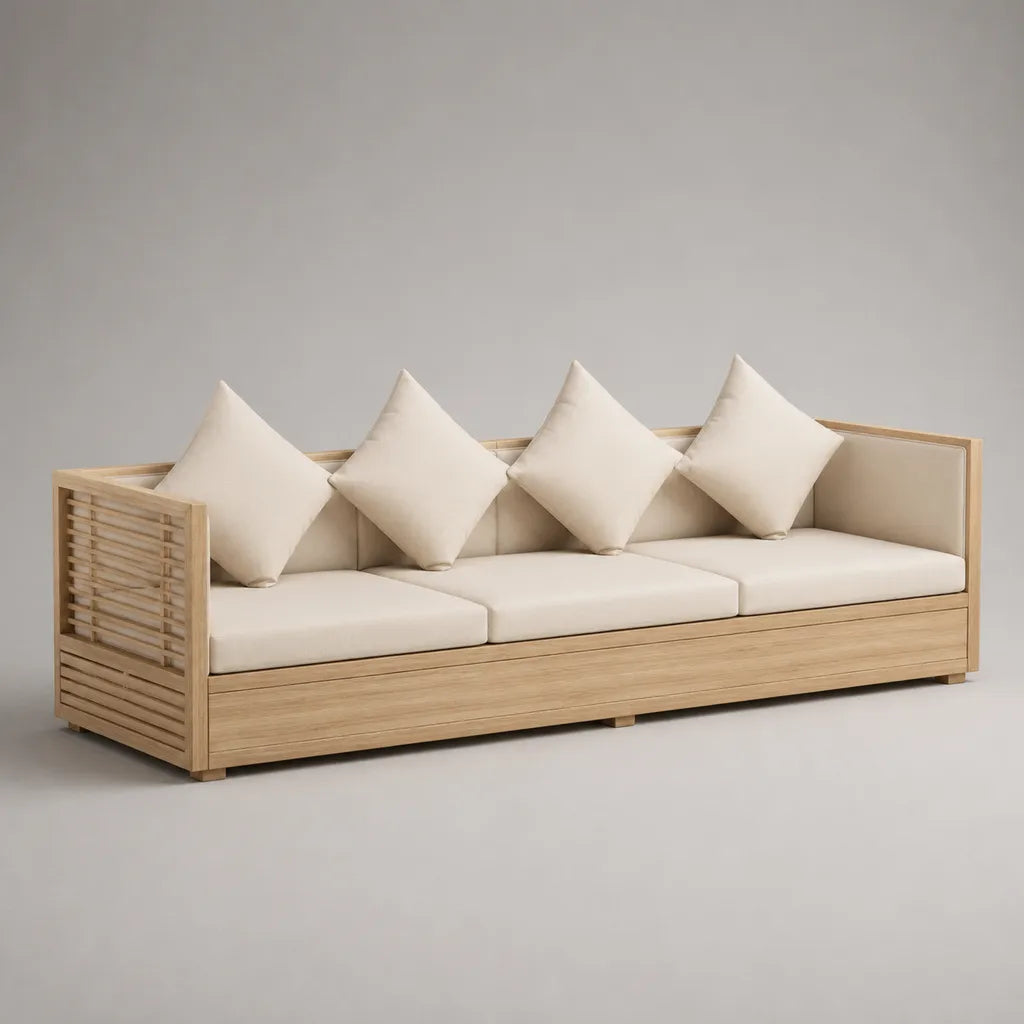 Gartensofa, 3-Sitzer aus Akazienmassivholz mit Polyesterpolstern, Natur/Beige, 220 × 80 × 75 cm