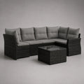 6-teiliges Gartensofa-Set in L-Form mit Tisch aus PE-Rattan und Stahl, Schwarz/Grau, 250 × 190 × 74 cm