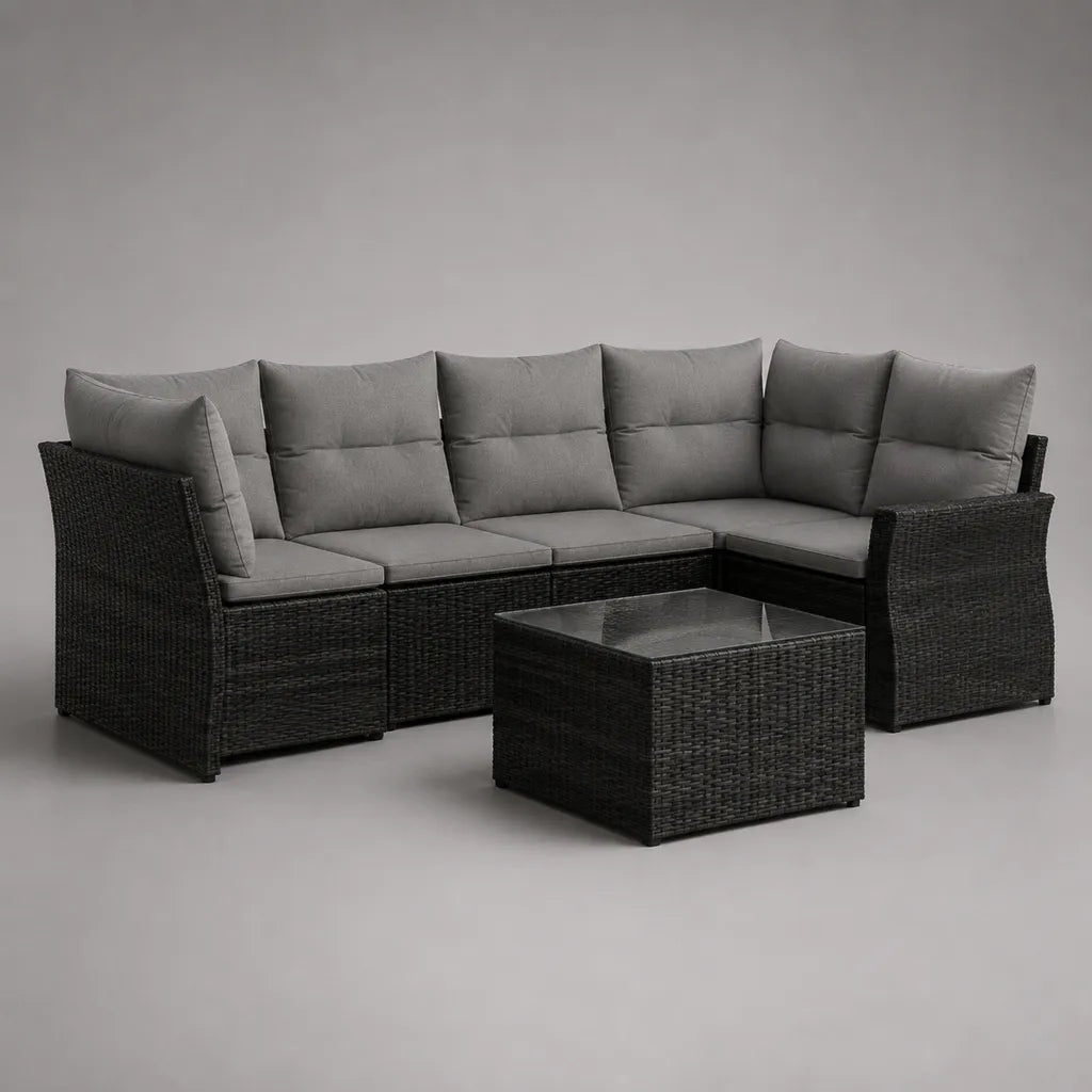 6-teiliges Gartensofa-Set in L-Form mit Tisch aus PE-Rattan und Stahl, Schwarz/Grau, 250 × 190 × 74 cm