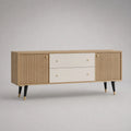 TV-Lowboard aus MDF mit Eichenfurnier und Stahl, 2 Türen und 2 Schubladen, Naturfarben, Beige, Schwarz und Messingfarben, 160 × 40 × 75 cm