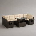7-teiliges Garten-Lounge-Set aus PE-Rattan mit L-förmigem Ecksofa, Esstisch, Bankhocker und 2 Hockern, Braun und Beige, 235 × 235 × 74 cm
