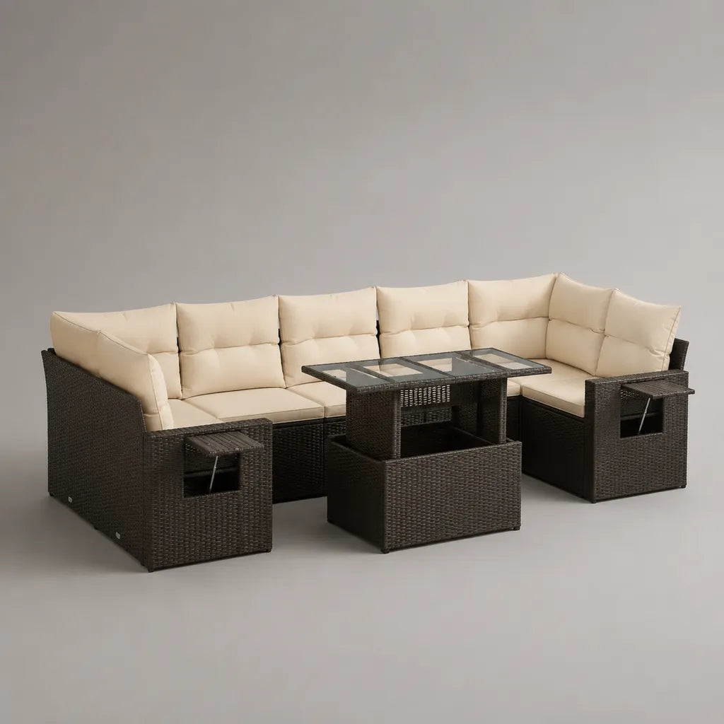 7-teiliges Garten-Lounge-Set aus PE-Rattan mit L-förmigem Ecksofa, Esstisch, Bankhocker und 2 Hockern, Braun und Beige, 235 × 235 × 74 cm