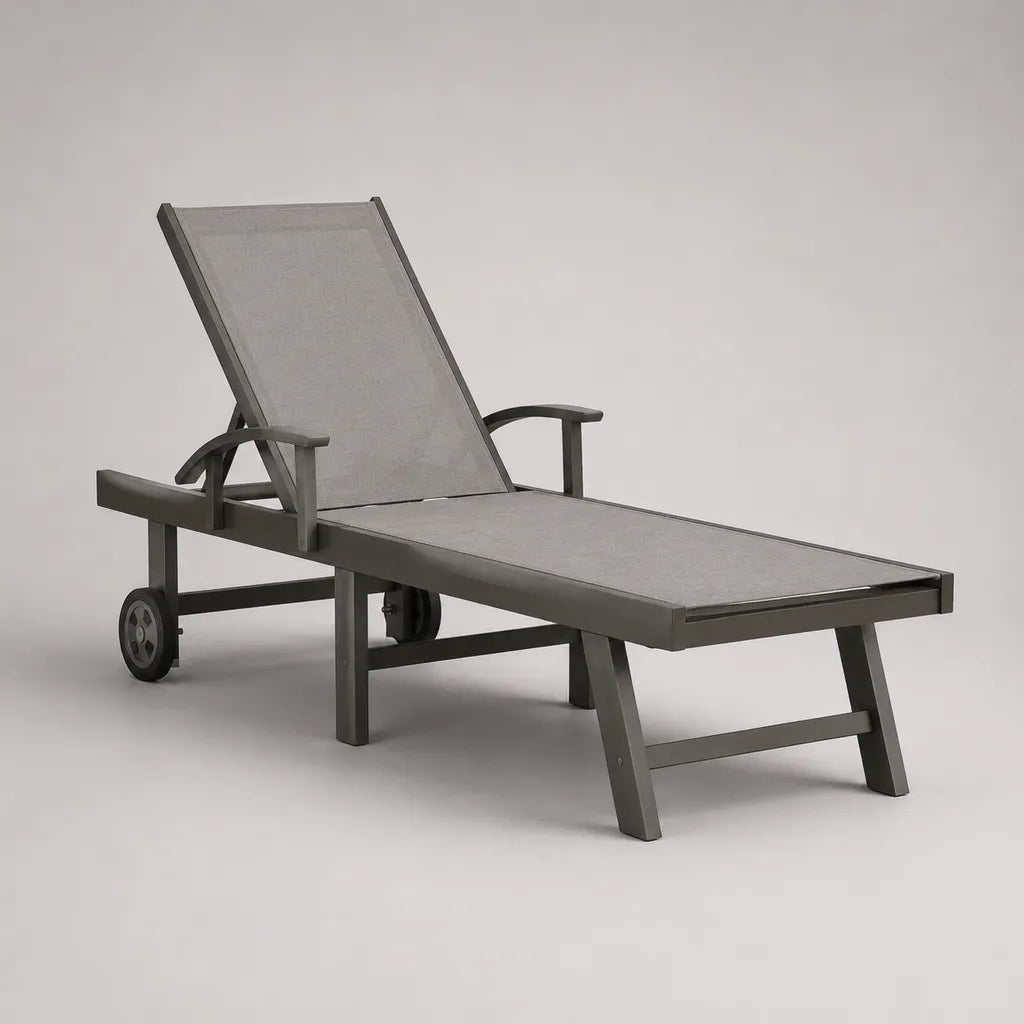 Verstellbare Gartenliege aus Aluminium und PVC-Polyestergewebe mit Rollen und Armlehnen, Grau/Dunkelgrau, 198 × 71 × 33–101 cm