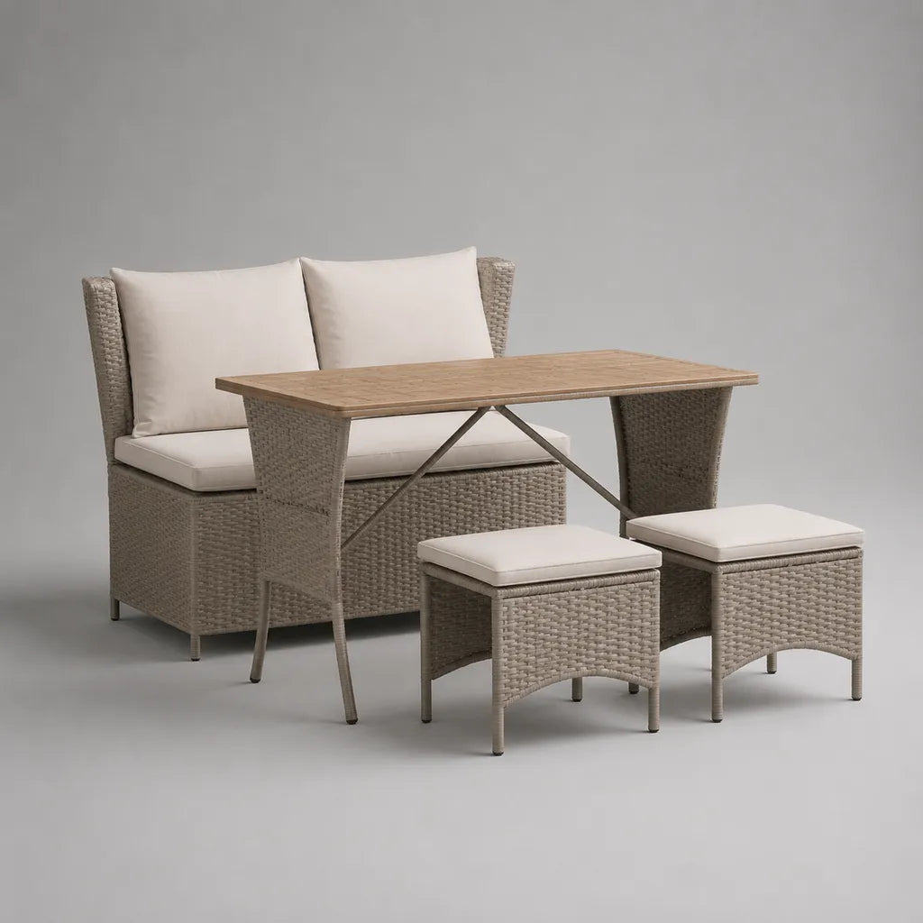 4-teiliges Gartenmöbel-Set aus PE-Rattan mit Zweisitzer 130 × 65 × 88 cm, Tisch 120 × 60 × 68 cm und 2 Hockern, Taupe/Creme/Holzbraun