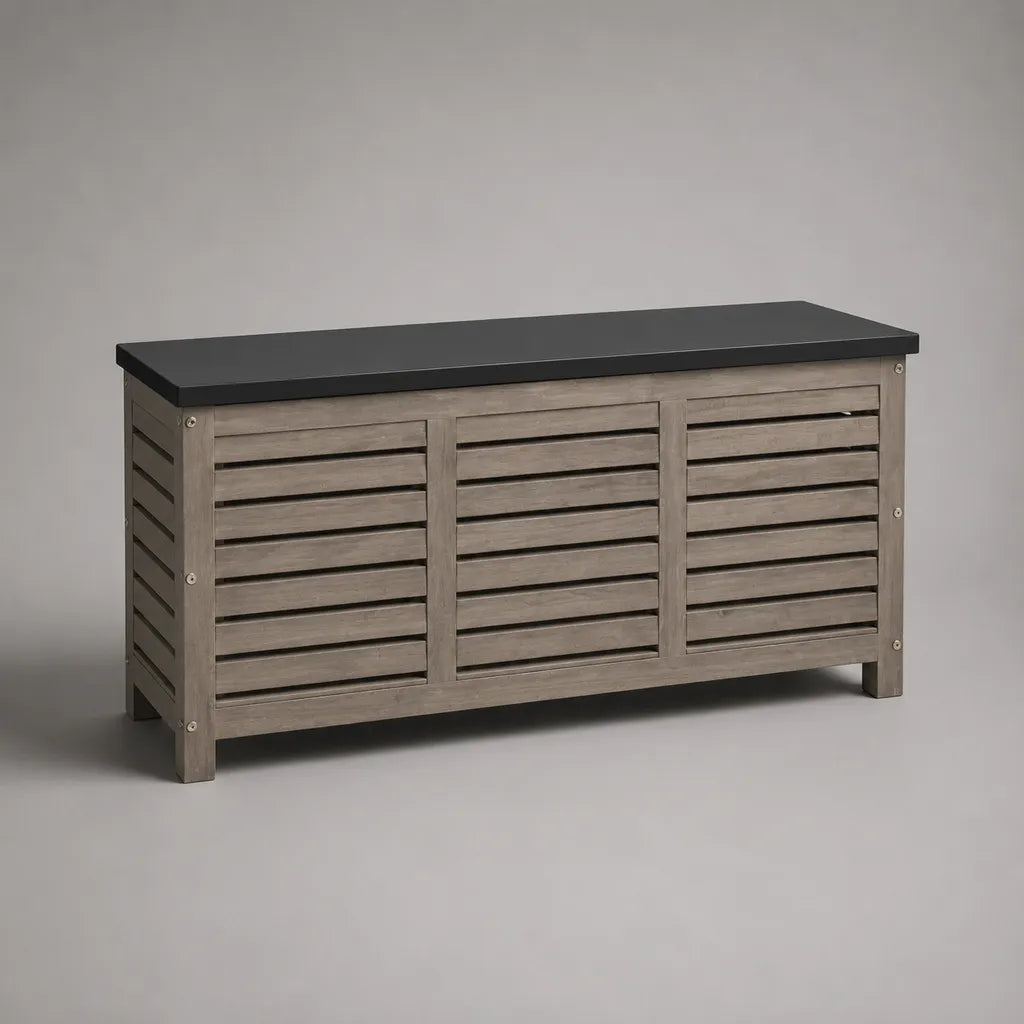 Garten-Aufbewahrungsbox mit Klappdeckel aus Akazien-Massivholz und pulverbeschichtetem Stahl, Grau/Schwarz, 120 × 50 × 60 cm