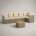 6-teiliges Gartensofa-Set mit Tisch, L-Form, PE-Rattan und Akazienholz, Greige/Beige/Naturbraun, ca. 280 x 210 x 75 cm