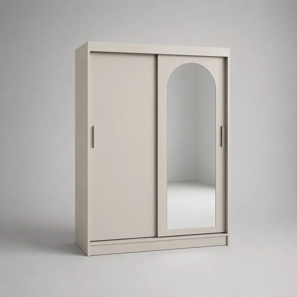 Kleiderschrank mit 2 Schiebetüren und Spiegel aus melaminbeschichteter Spanplatte, Cremeweiß, 120 × 60 × 200 cm